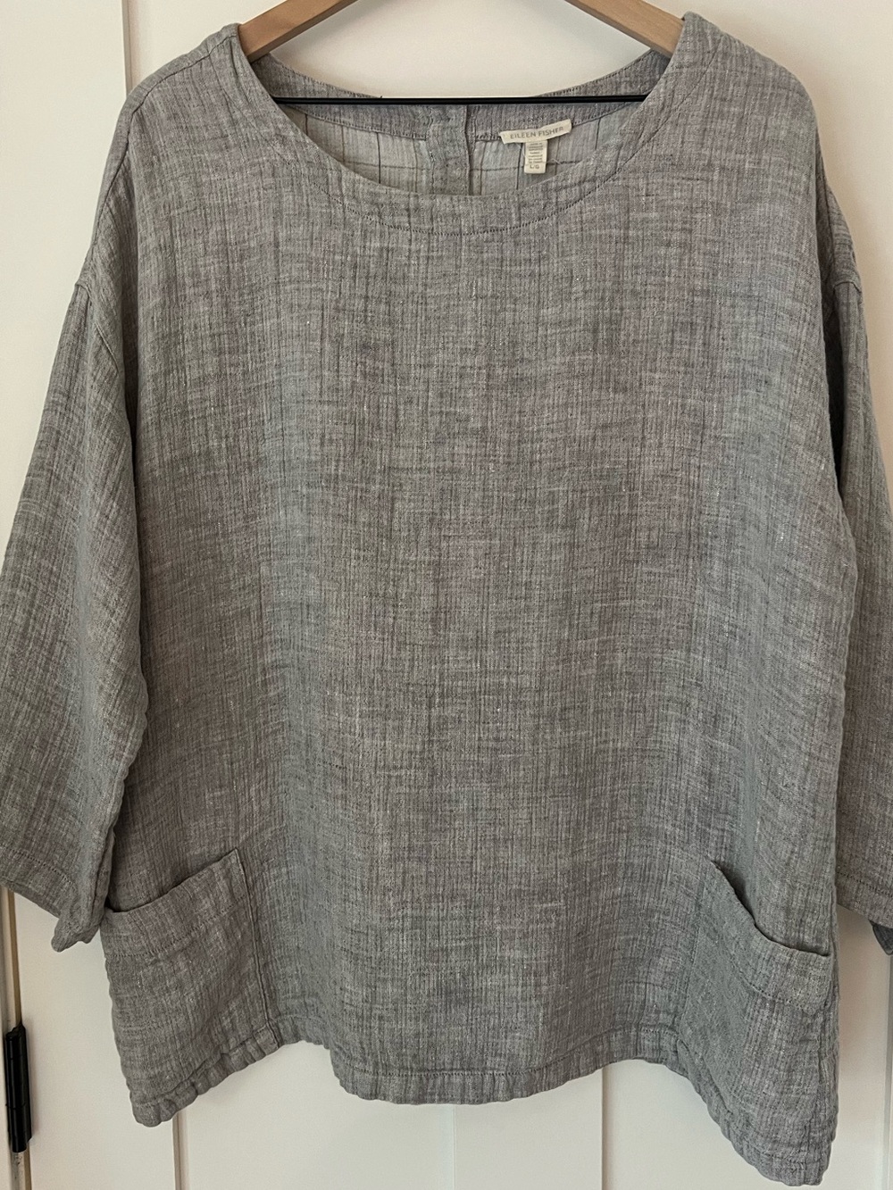 Eileen Fisher Double Face Linen Gray Boxy Pocket Top 3/4 Sleeve Large